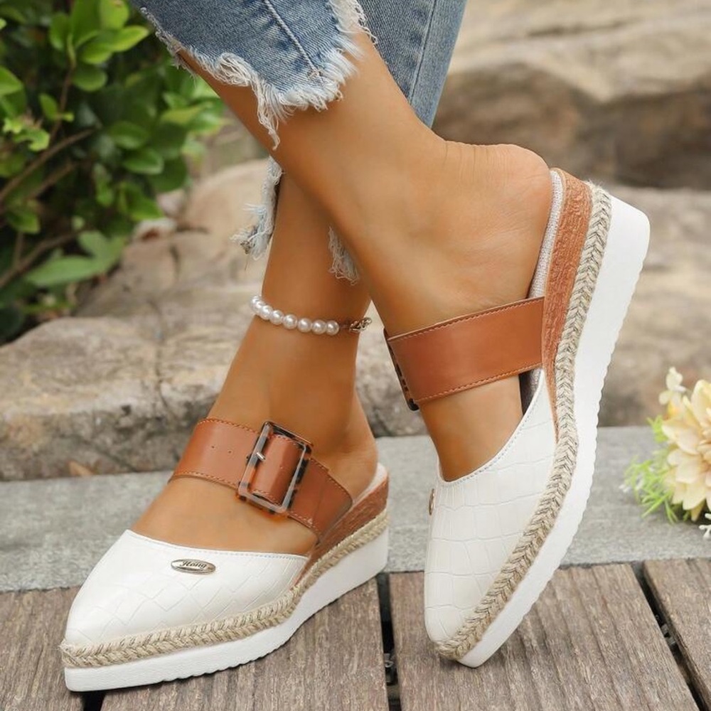 Rebellious Rose White and Tan Wedge Mules with Buckle - Picture 4 of 6